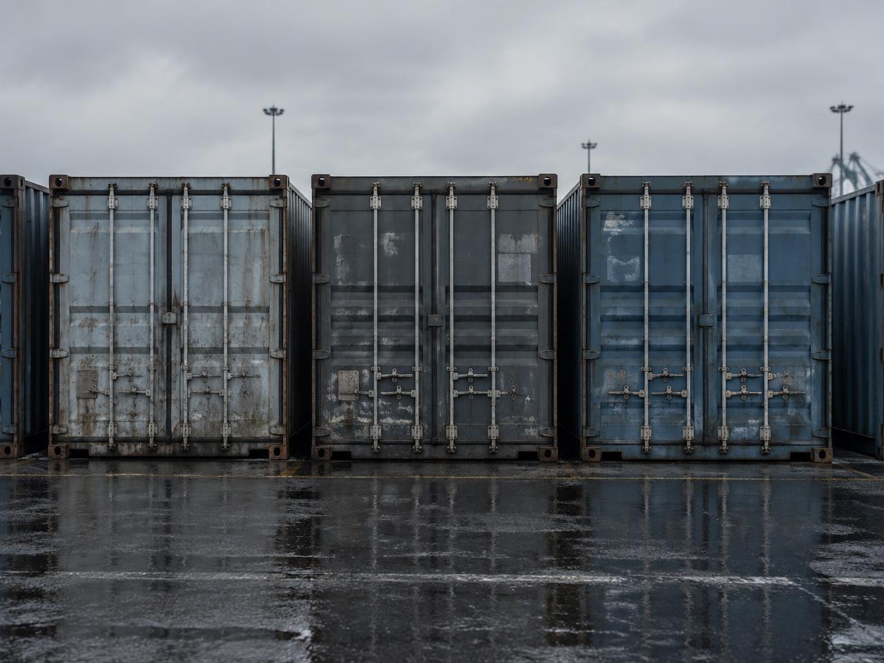 Row of sealed shipping containers in a customs yard