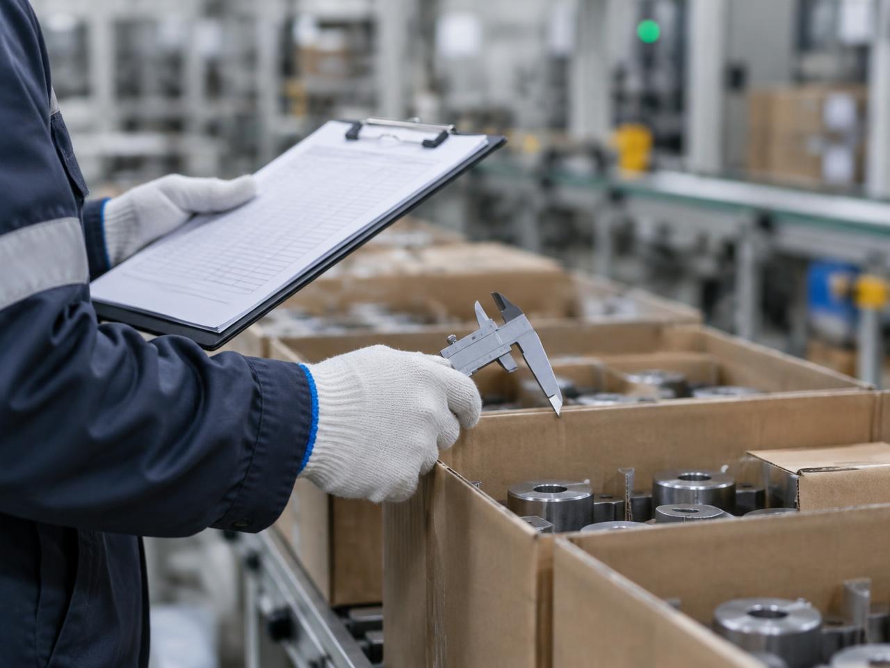 Inspector checking cartons of industrial components against a specification sheet