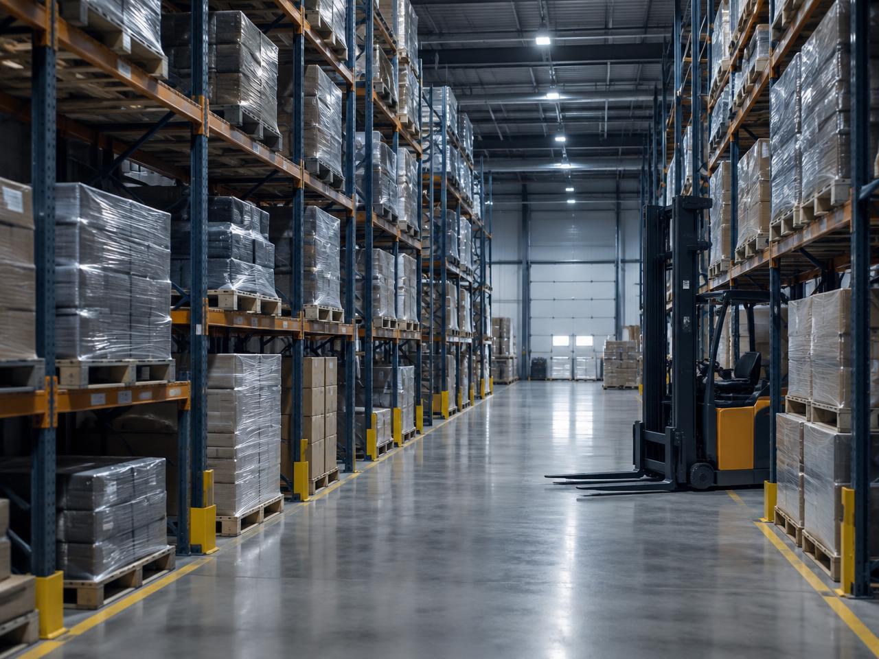 Racked pallets inside a distribution warehouse